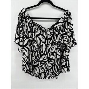 Chico's Linen Leaves Off-Shoulder Top Size 2 Large 100% Linen Pom Trim Cuffs